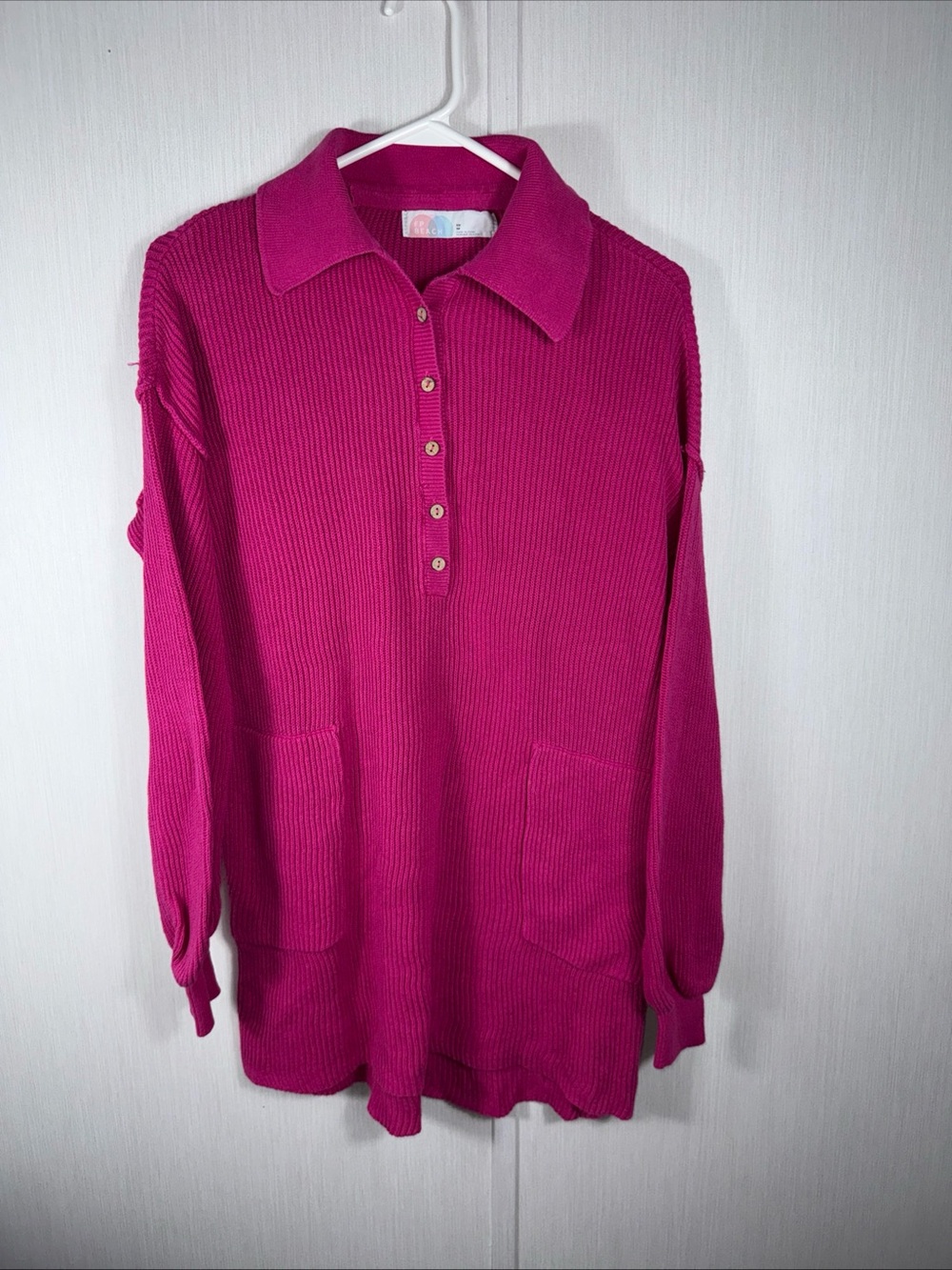 Free People Beach Sweater Womens XS Fuschia Henley Popover Chunky Fisherman